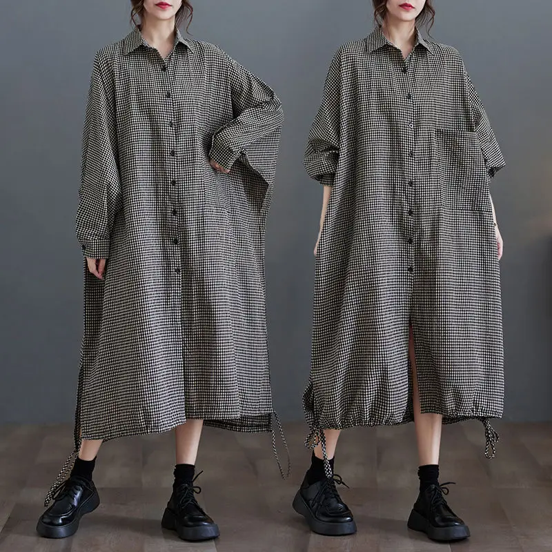 Abito da donna nuovo estivo europeo 2025 Abito camicia a quadretti retrò per pendolari oversize