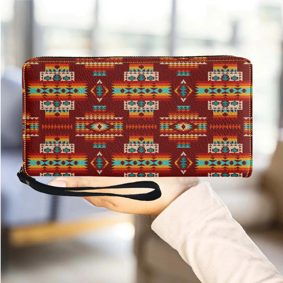 Portefeuille en cuir à motif rouge tribal pour femme, sac à main long à fermeture éclair pour femme, porte-cartes de voyage multifonction, sacs d'argent pour filles, mode