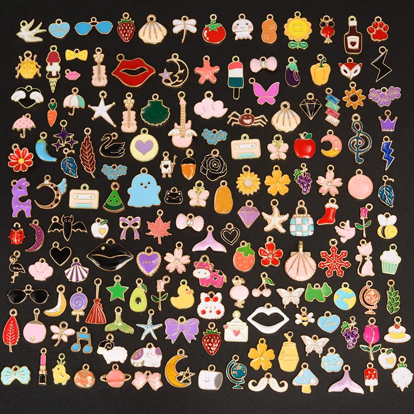 30/60/100pcs Random Mix Different Animal Moon Fruits Heart Drip Oil Pendant Jewelry Making Supplies Metal Alloy Handmade Earring