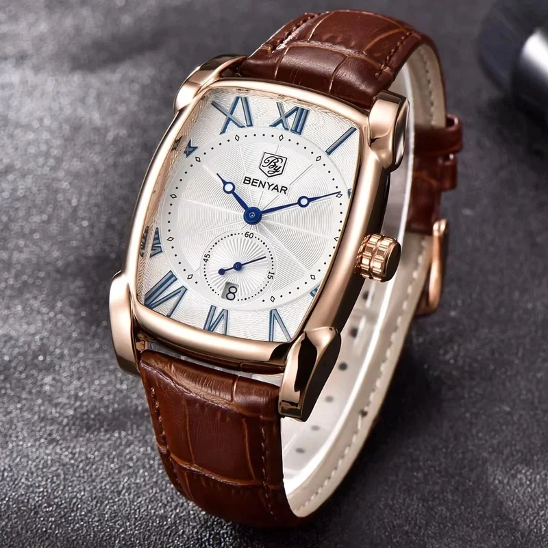 BENYAR BY-5114M Men Quartz Watch Rectangle Tonneau Case Roman Numeral Dial Leather Strap Date Male Wristwatch