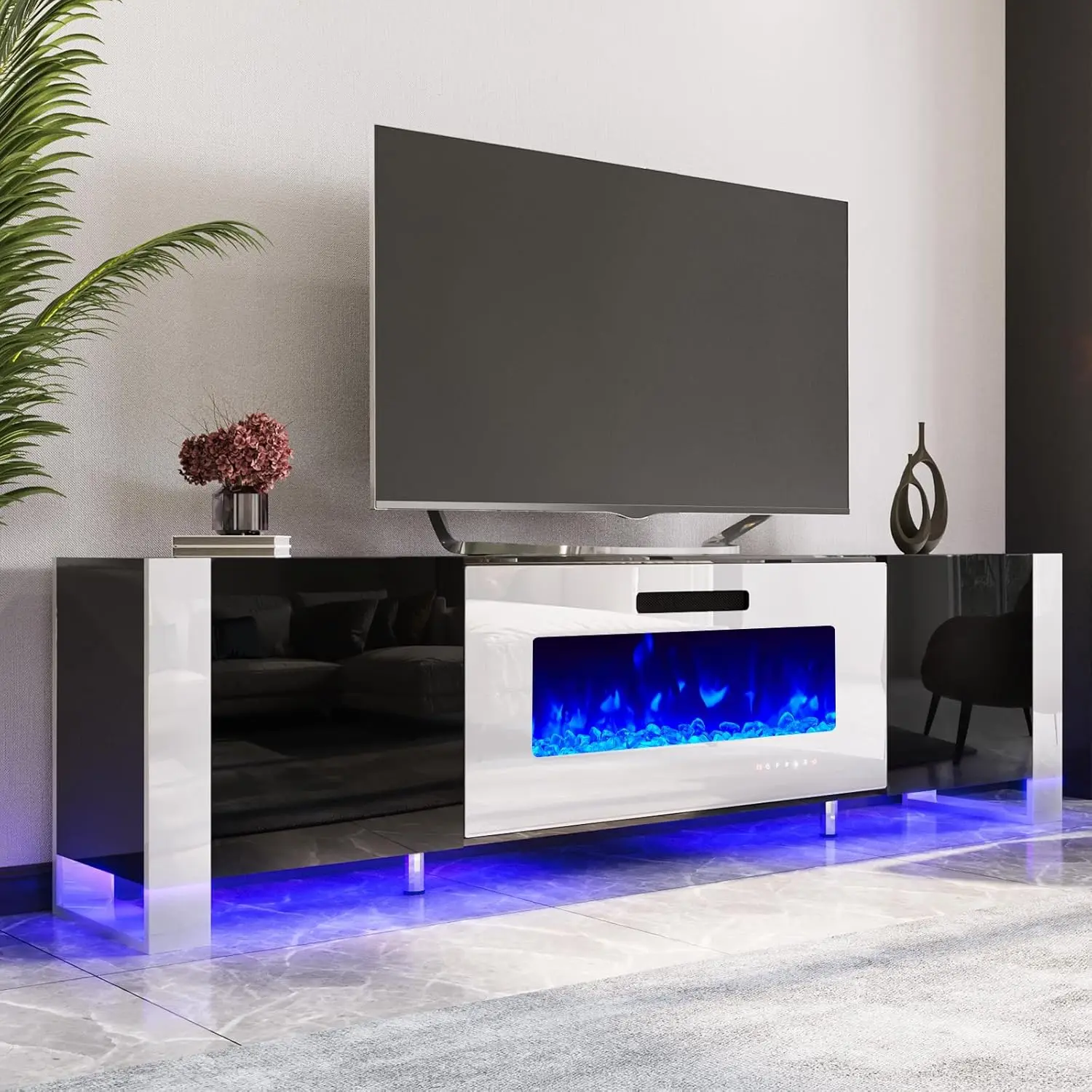 

Fireplace TV Stand with 36" Fireplace, 70" Modern High Gloss Entertainment Center LED Lights, U-Shaped Legs TV Console