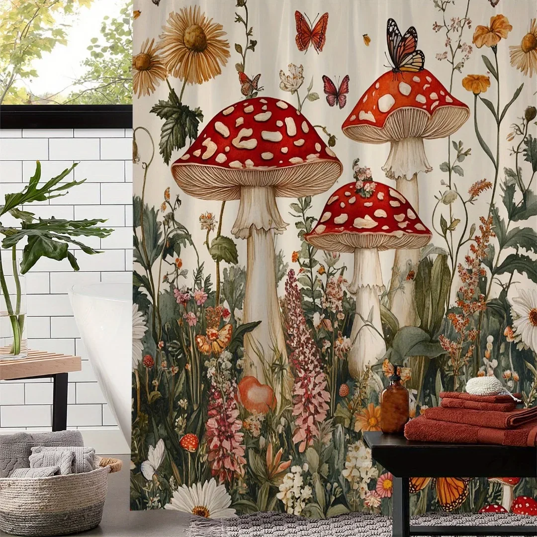 

1p Shower Curtain Cartoon Mushroom Flora Printed Starlight Milu Deer Print Toilet Mat Durable Waterproof for Home Bathroom Decor
