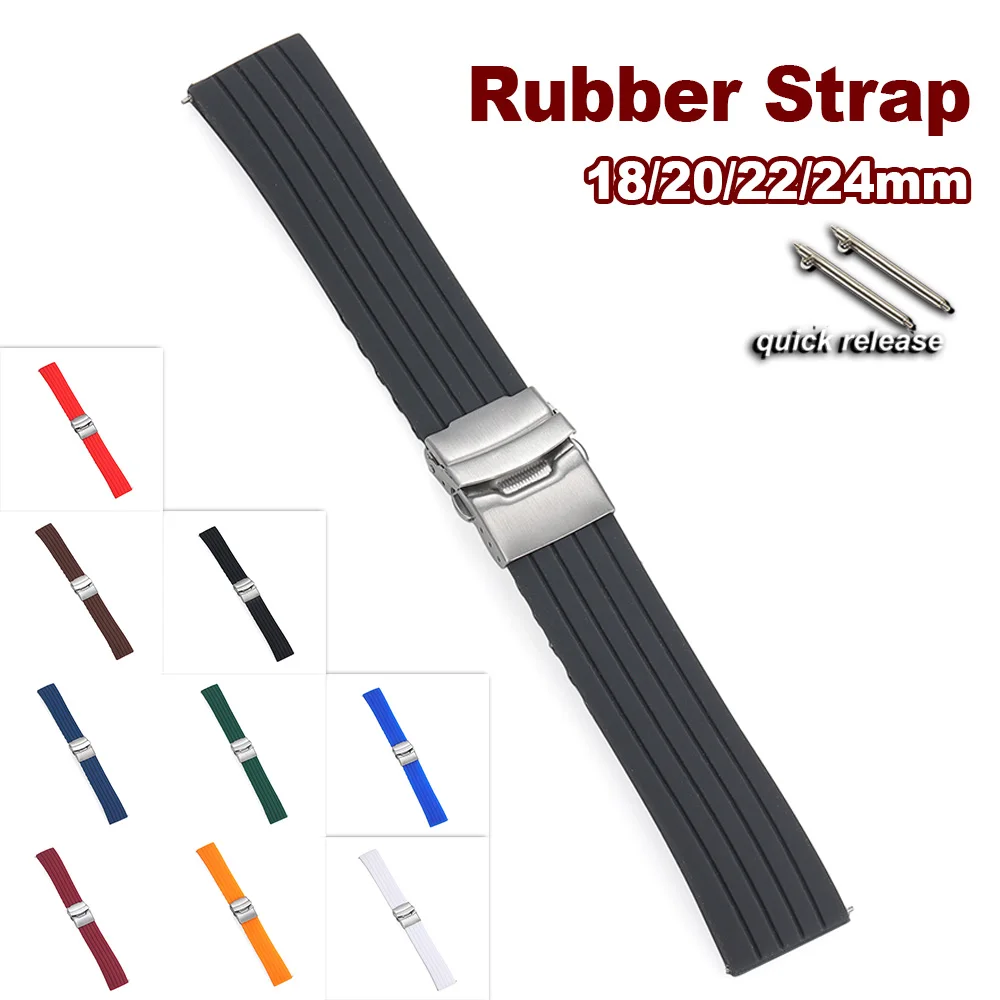 Silicone Strap 18mm 20mm 22mm 24mm Rubber Watch Band Folding Buckle Quick Release Belt  Adjustable Size Bracelet for Men Women