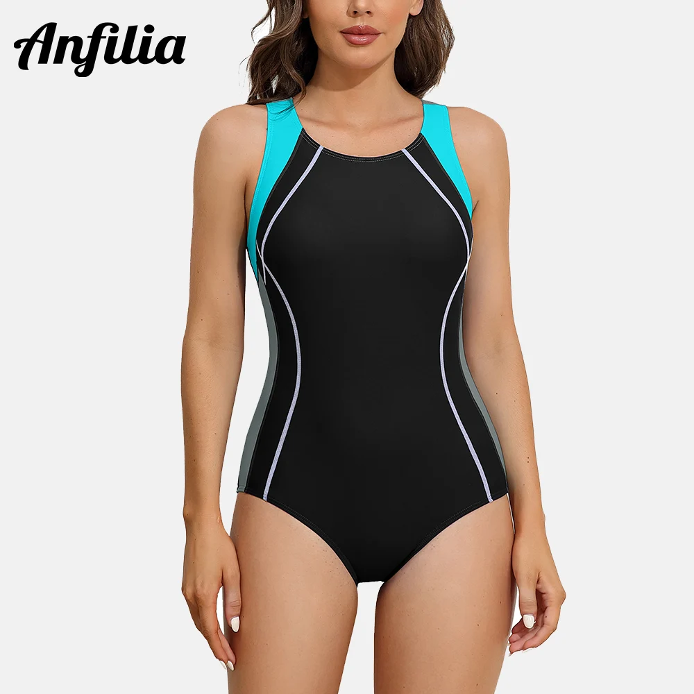 Anfilia Women One-Piece Sports Swimsuit Athletic Professional Training Bathing Suits Color Block Sewn-In Bra Skinny Swimwear