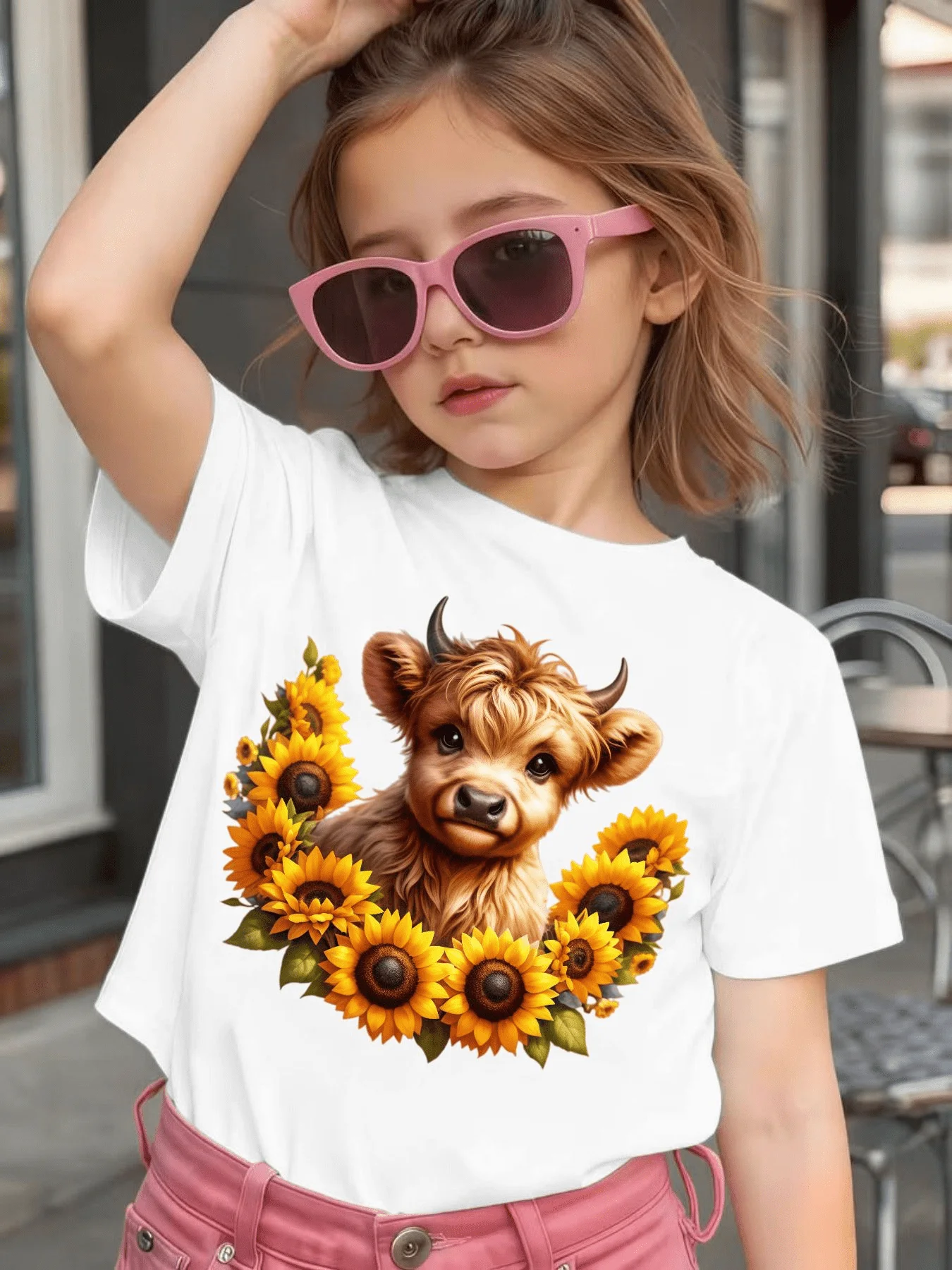 Cute Highland Cow Sunflower Cartoon Graphic Kids Tee Boys Girls Family Matching Cotton Crew Neck Short Sleeve Soft Summer Tee