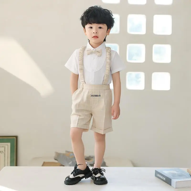 Kids Suspenders Shorts Bowtie Performance Graduation Ceremony Wear Children Photograph Suit Newborn Boys 1 Year Birthday Dress