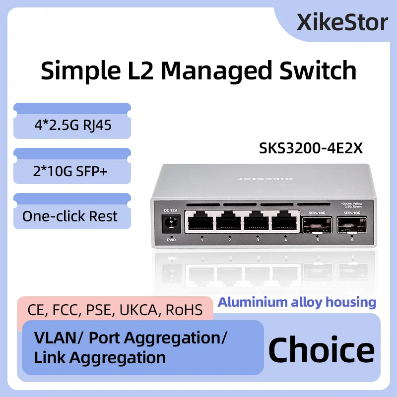 

XikeStor 2.5GbE Простой L2 Управляемый 4 порта RJ45 2500 Мбит/с Управляемая веб-сеть Ethernet 2-портовый слот 10G SFP+