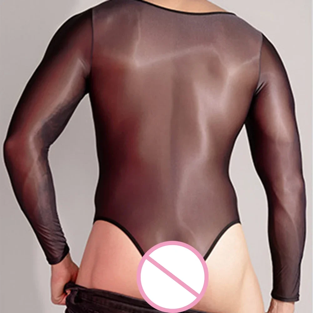 

Mens Sexy Oil Glossy See Through Bodysuit Erotic Lingerie High Stretchy Thong Leotard Long Sleeve Jumpsuit Seductive Wear