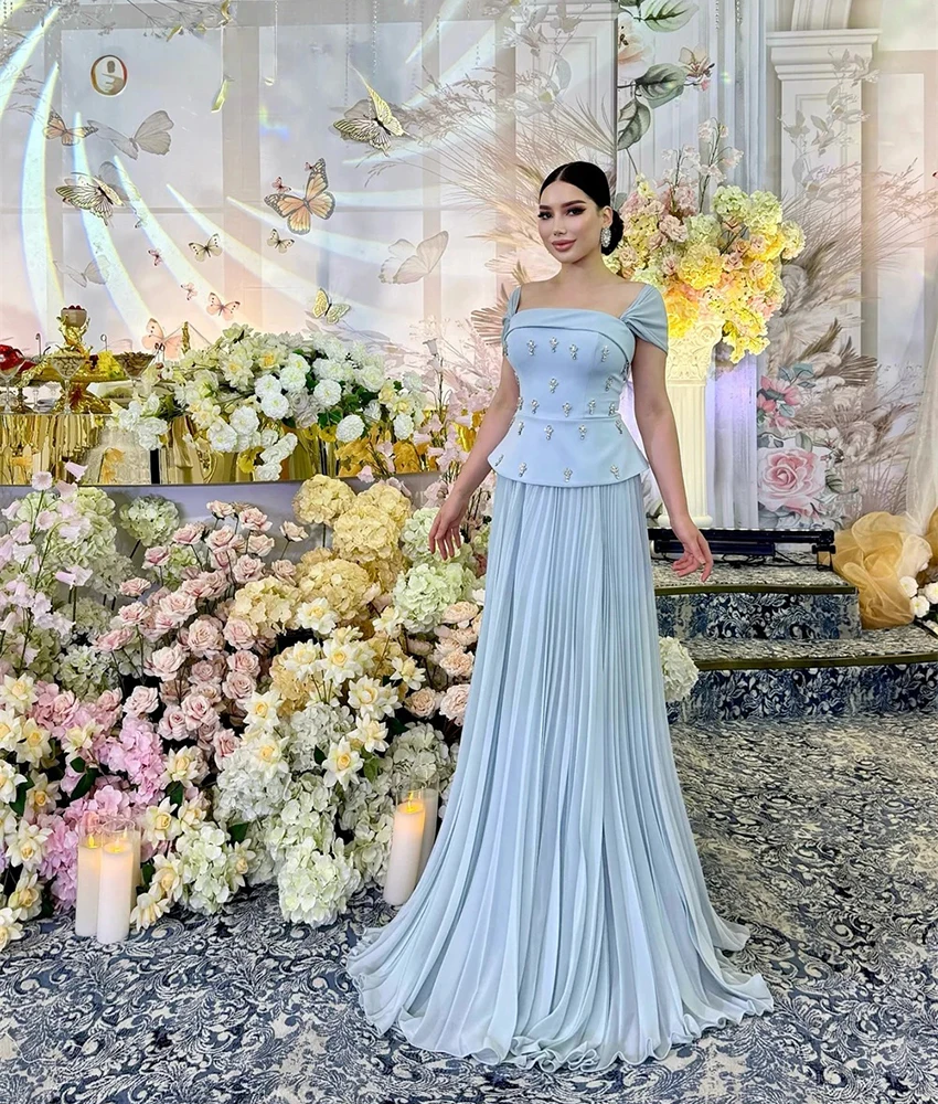 

Lzhk Customized Graceful Chiffon A-Line Off the Shoulder Crystal Evening Dress Temperament Square Neck Short Sleeves Prom Gowns