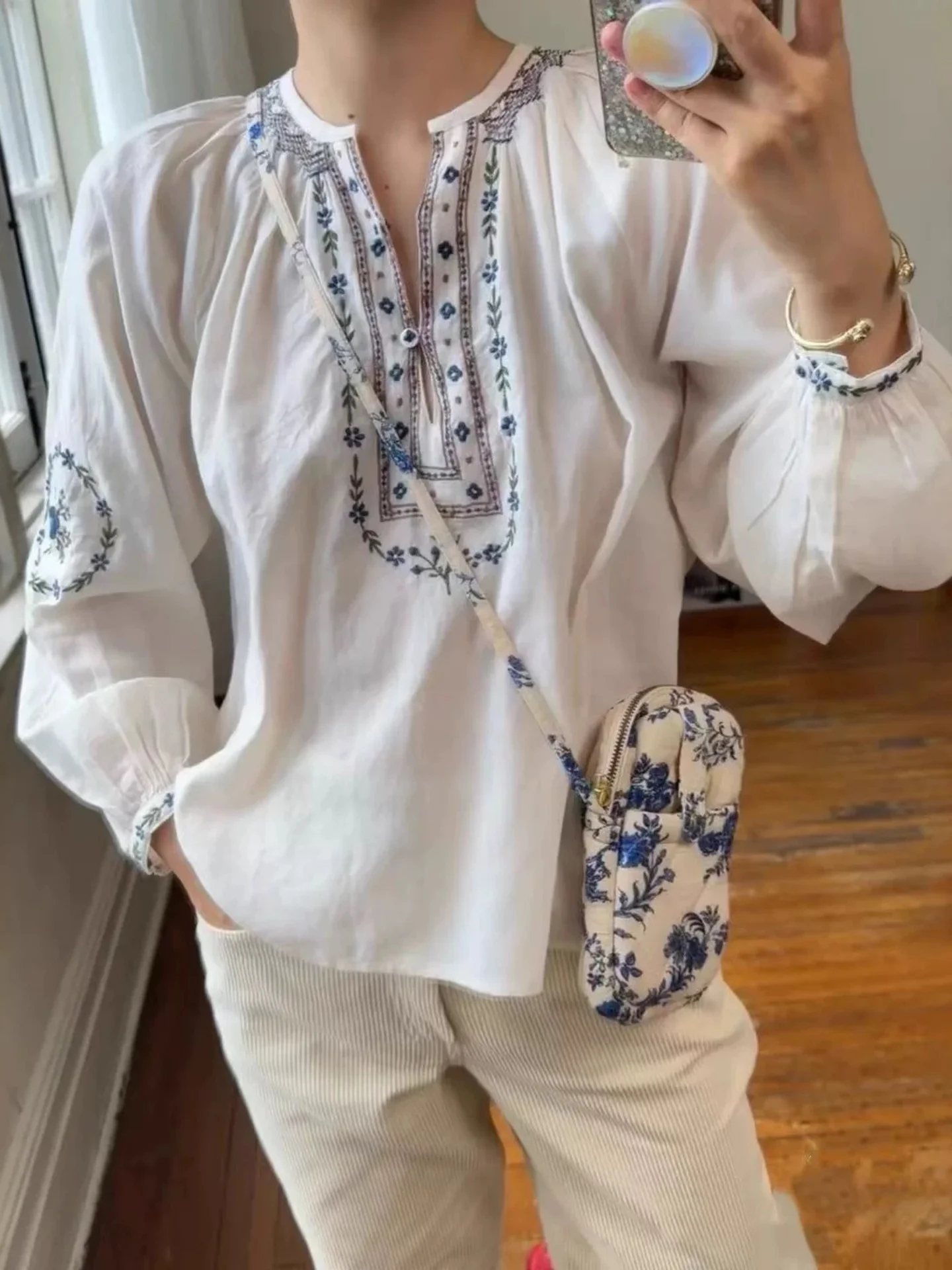 

Женский топ из чистого хлопка свободного кроя с вышивкой в этническом стиле, ручной работы, изысканный цветочный узор