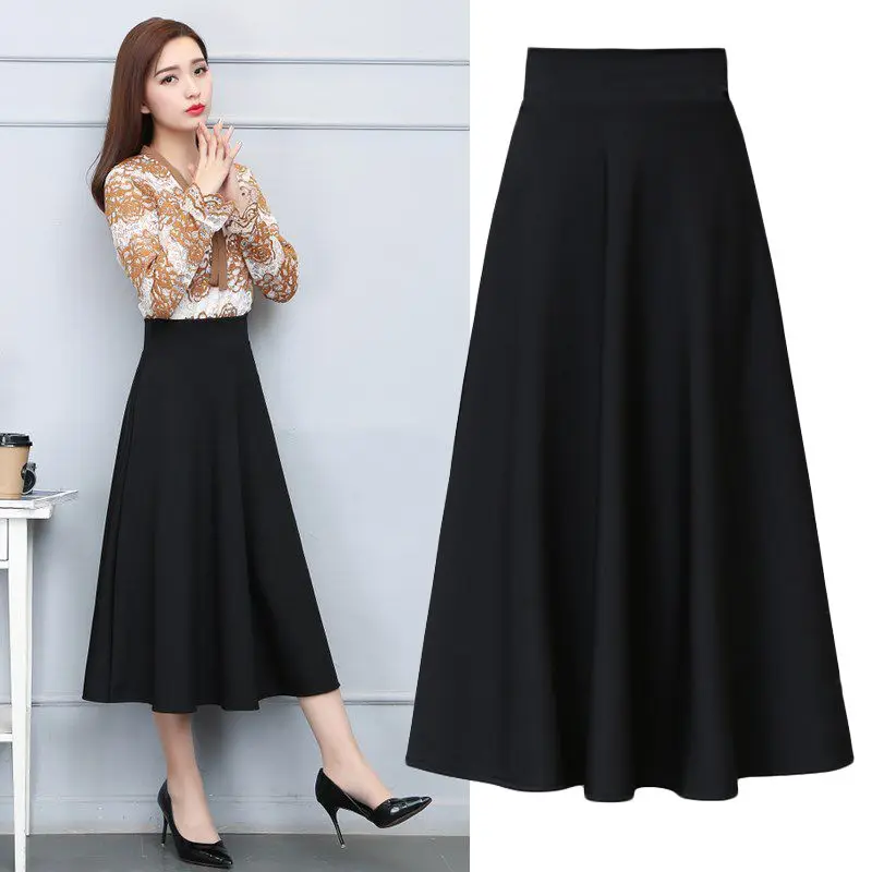 

Spring Autumn Long A-Line Skirt Women's Bla Hepburn Sle Cotton 00% Slimming Versatile f-length Skirts
