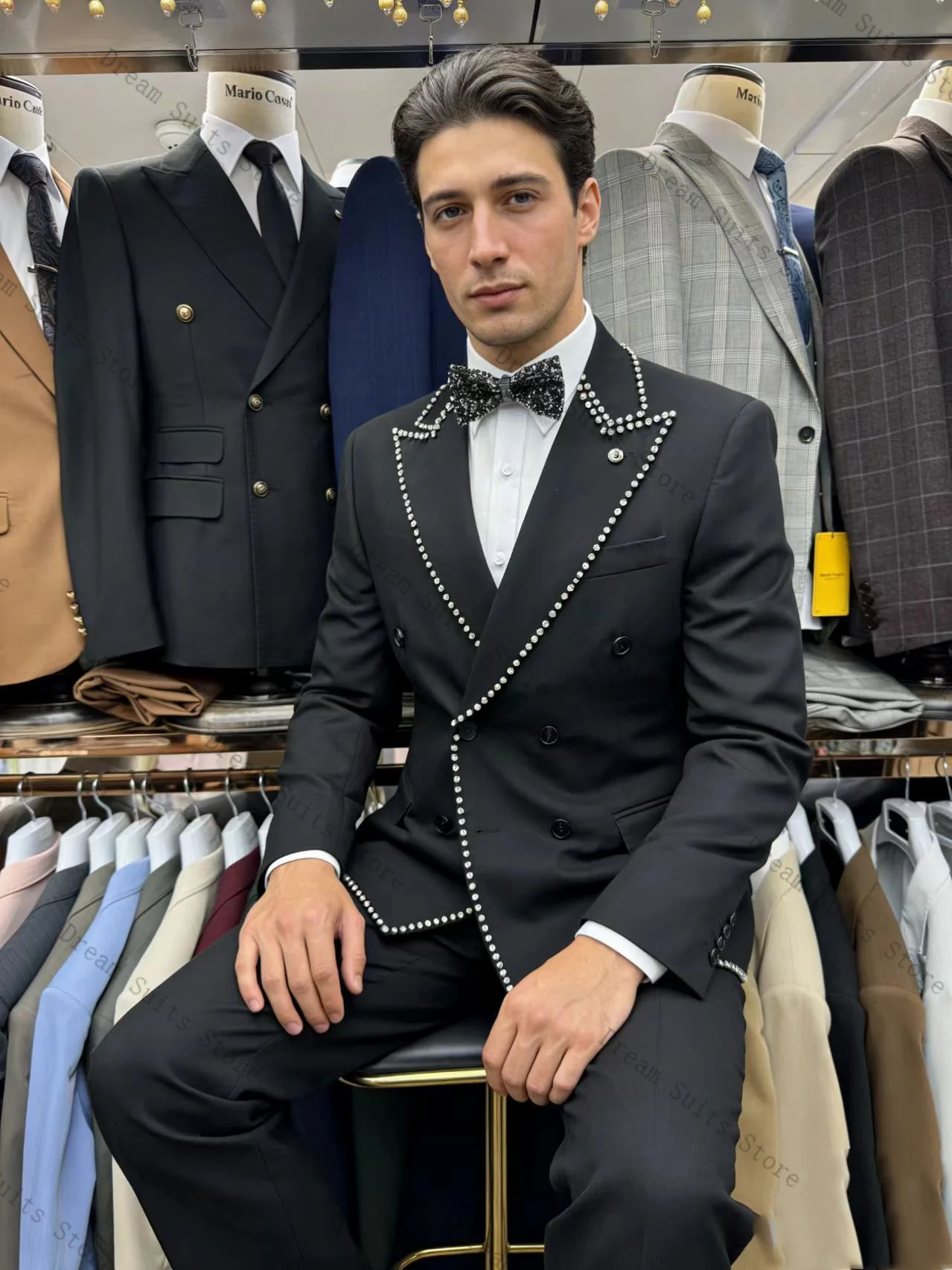 

Black Crystal Men Suit Set 2 Piece Blazer+Pants Trousers Customized Cotton Formal Office Jacket Wedding Tuxedos Prom Coat