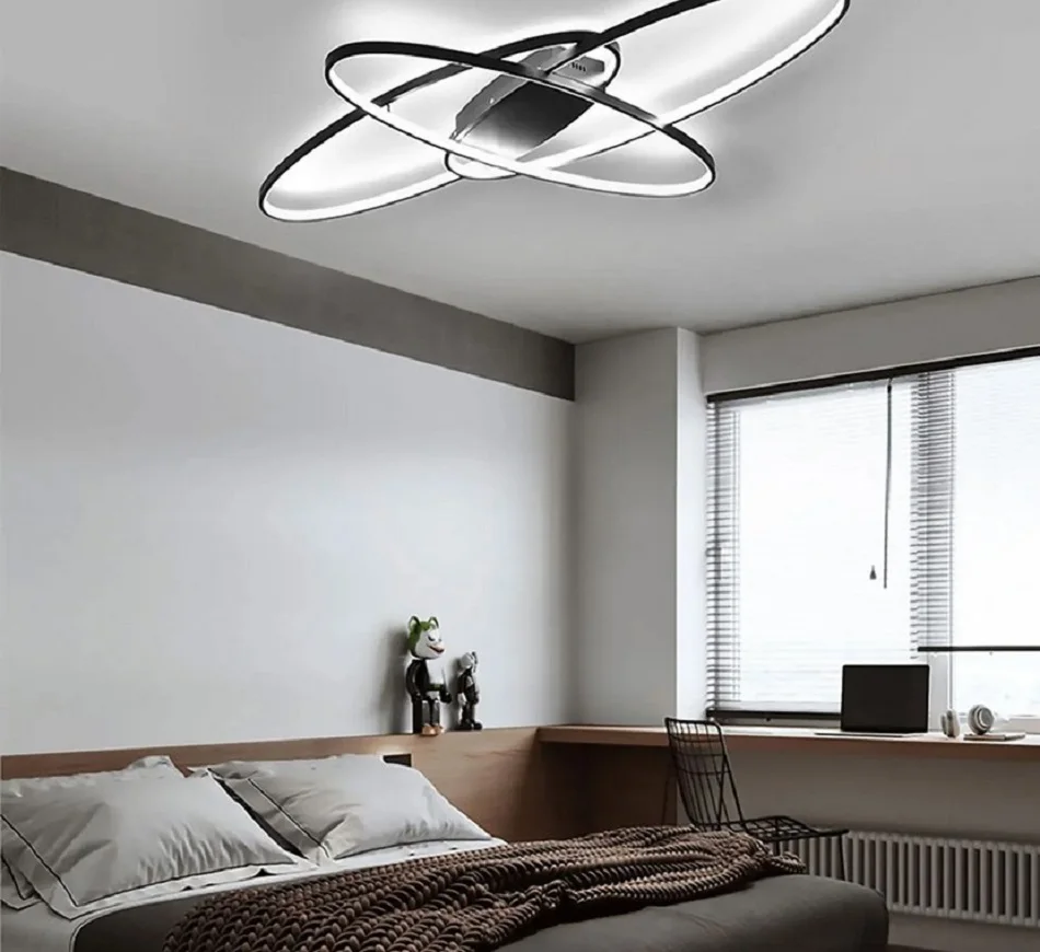 Modern Black/White 3 Staggered Long Ellipses LED Ceiling Light with Remote Control for Dining Room Bedroom