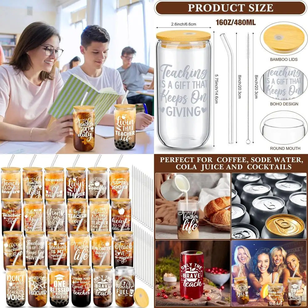 

Bulk 24 Pack 16 oz Glass Teacher Gifts with Lids, Straws & Brushes for Christmas
