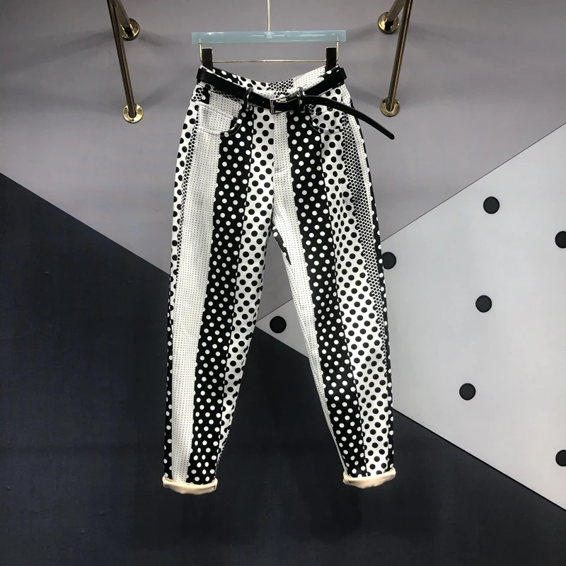 Harajuku Polka Dot Printing Dyeing Denim Pants Women 2024 Spring New Fashion All-Match Loose Slimming Skinny Jeans Haren Pants