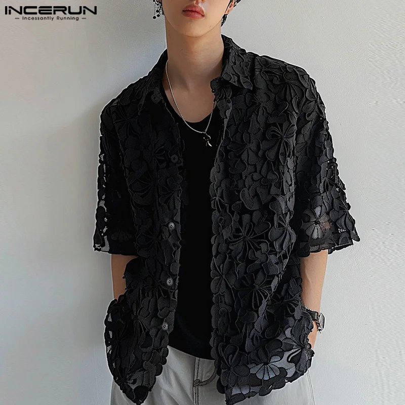 2024 Men Shirt Flower Lace Patchwork Transparent Lapel Short Sleeve Streetwear Men Clothing Summer Fashion Party Shirts INCERUN