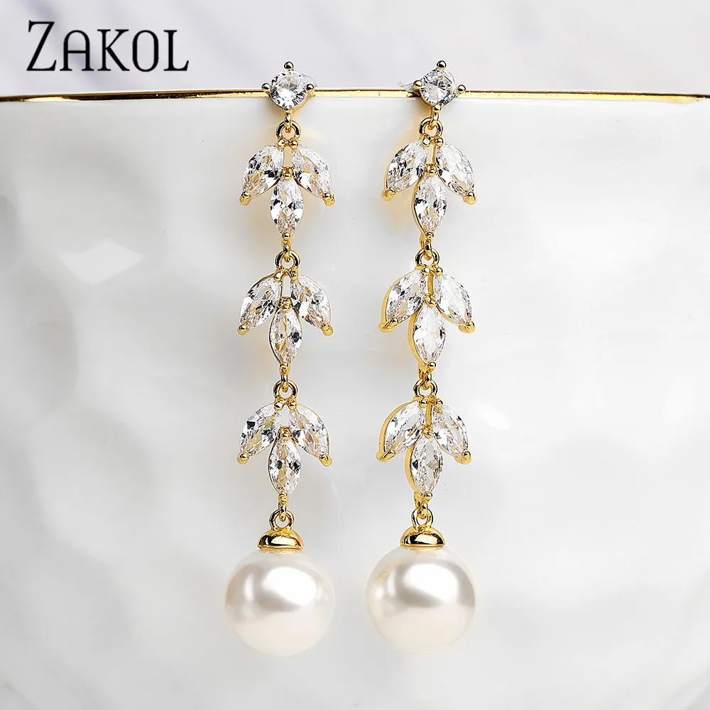ZAKOL Luxury Imitation Pearl Long dangle Earrings for Women Fashion Cube Zirconia Leaf Earrings Bridal Wedding Party Jewelry