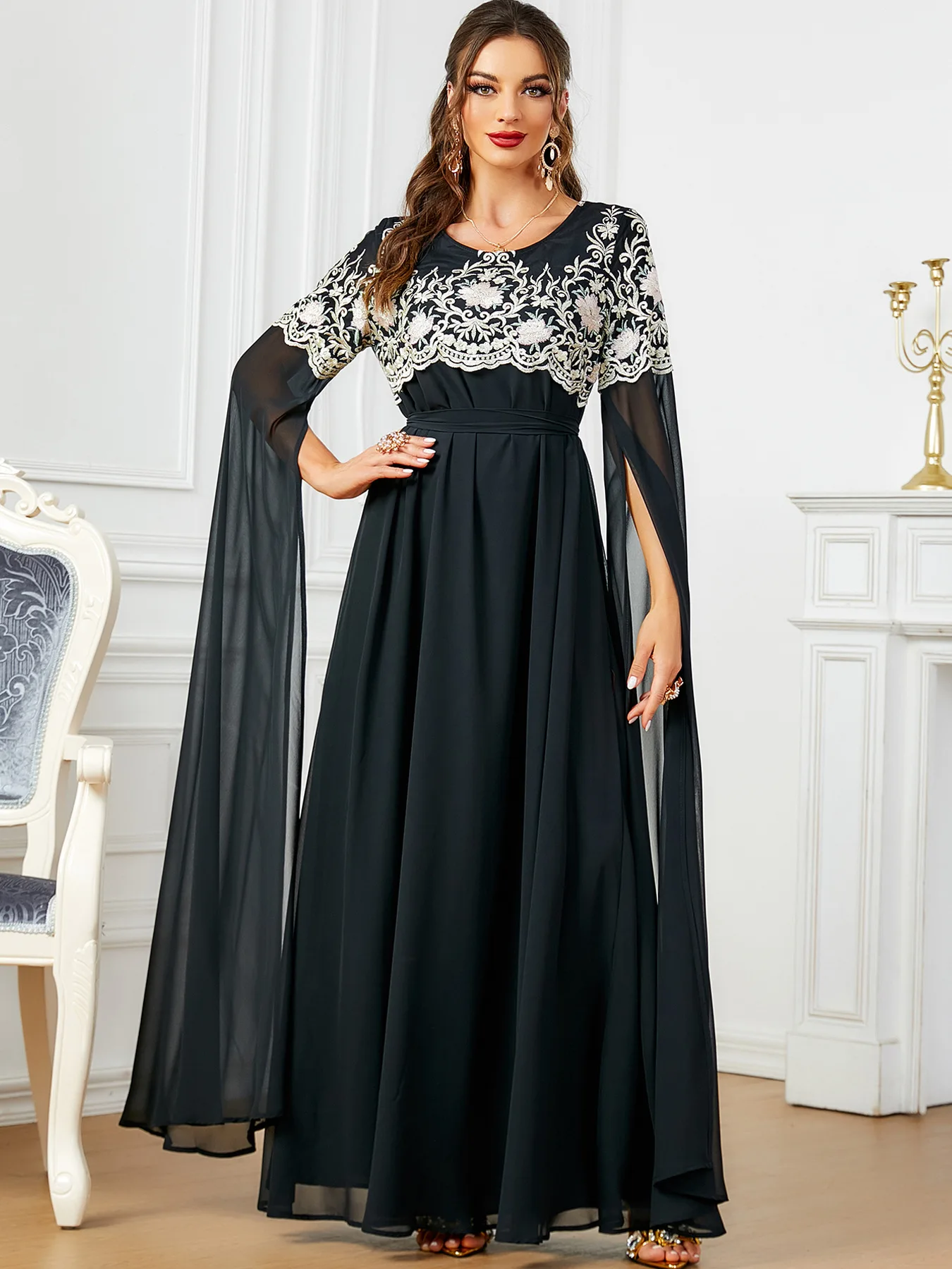 Elegant Casual Super Long Sleeve Party Gown Moroccan Saudi Embroidery Belted Dresses Turkish African Abayas Arab Kaftan Ramadan