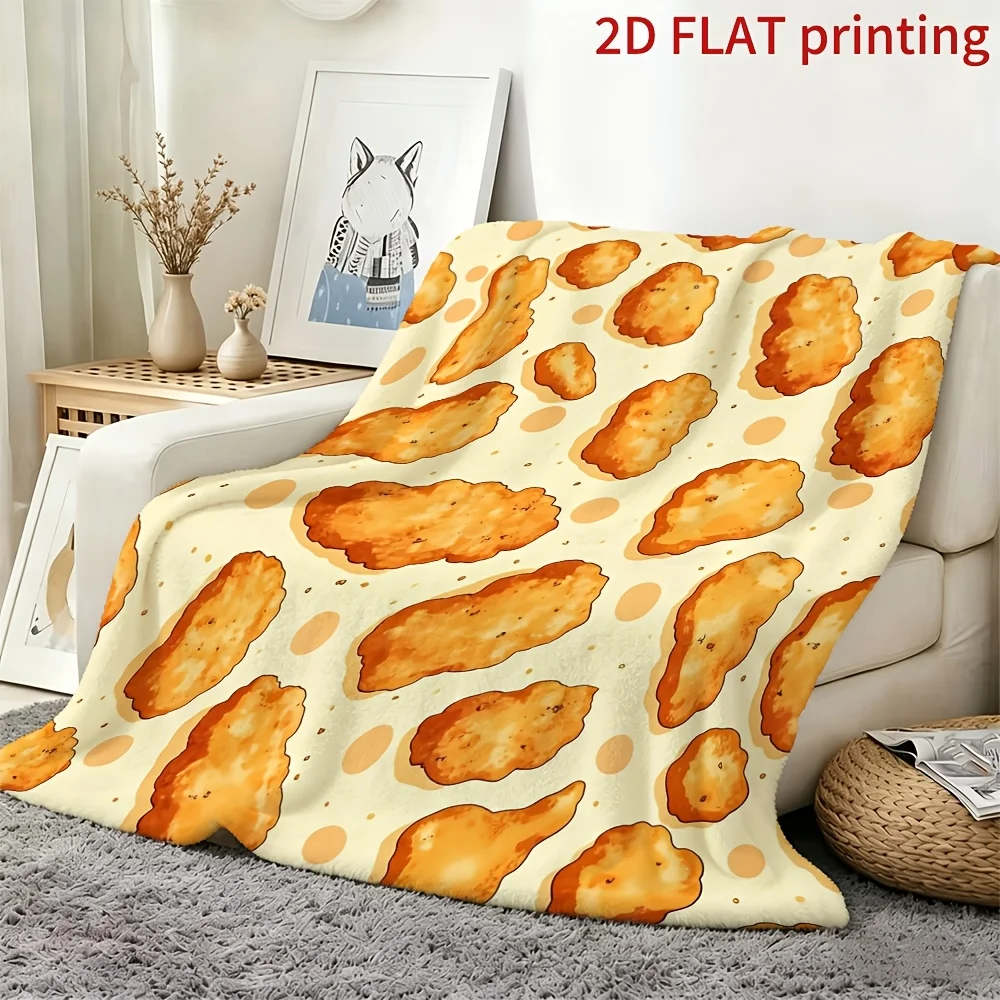 1pc 2D Flat, Fried Chicken Themed Pattern Flannel Blanket - Full Print Fried Chicken Nuggets Throw Blanket, Suitable for Sofa, B