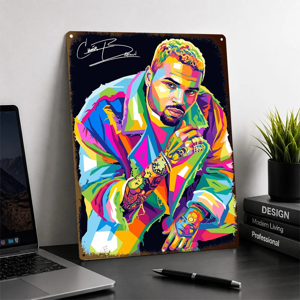 Chris Brown Pop Portrait Textured Poster Customized Metal Tin Sign Chart Topper Style Wall Art For Creative Studio And Bedroom