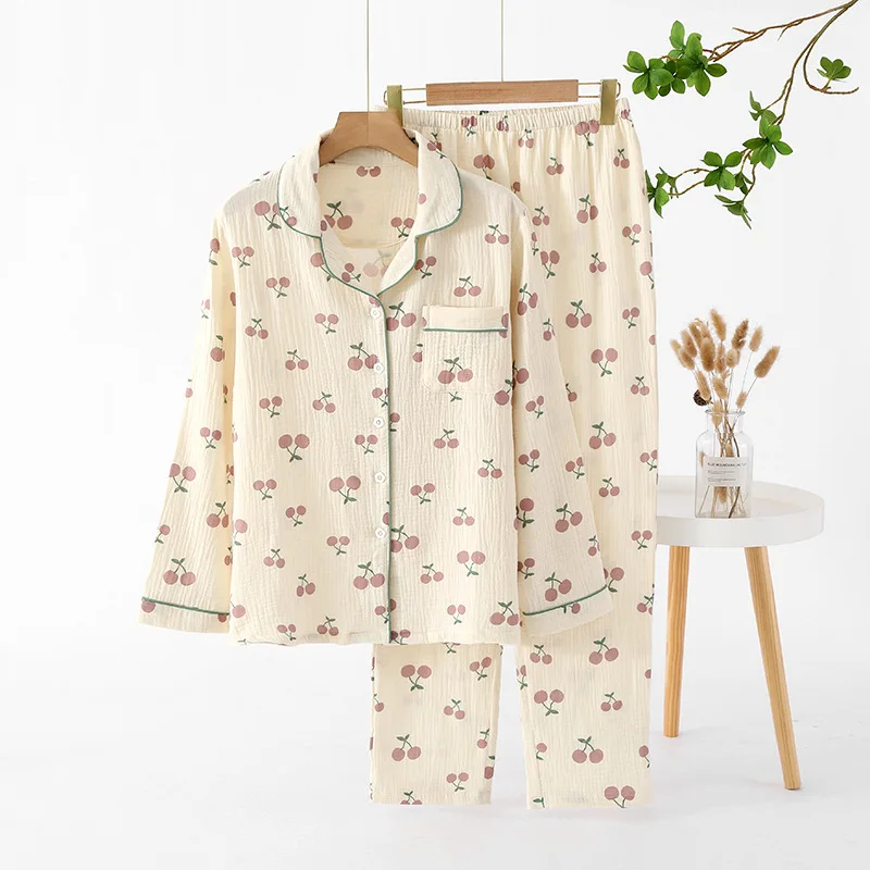 Ladies Long Sleeved Sweet Sleepwear Autumn 2024 Cherry Print Lapel Button Long Sleeved Top Long Pants Home Wear Sleepwear Set