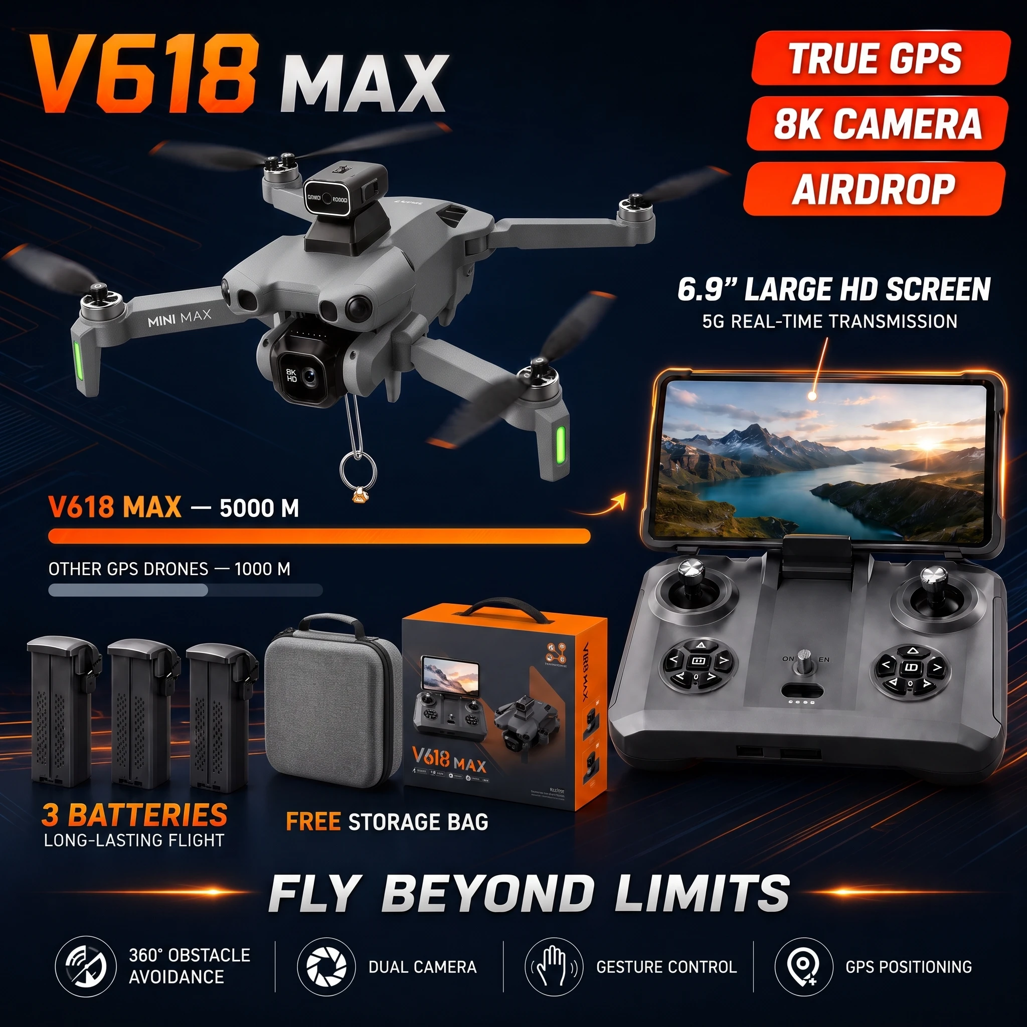 Original V618 MAX GPS Foldable Drone 6.9 Inch Screen 4K UHD Brushless Airdrop 5G FPV Dual Camera Professional Aerial Photography