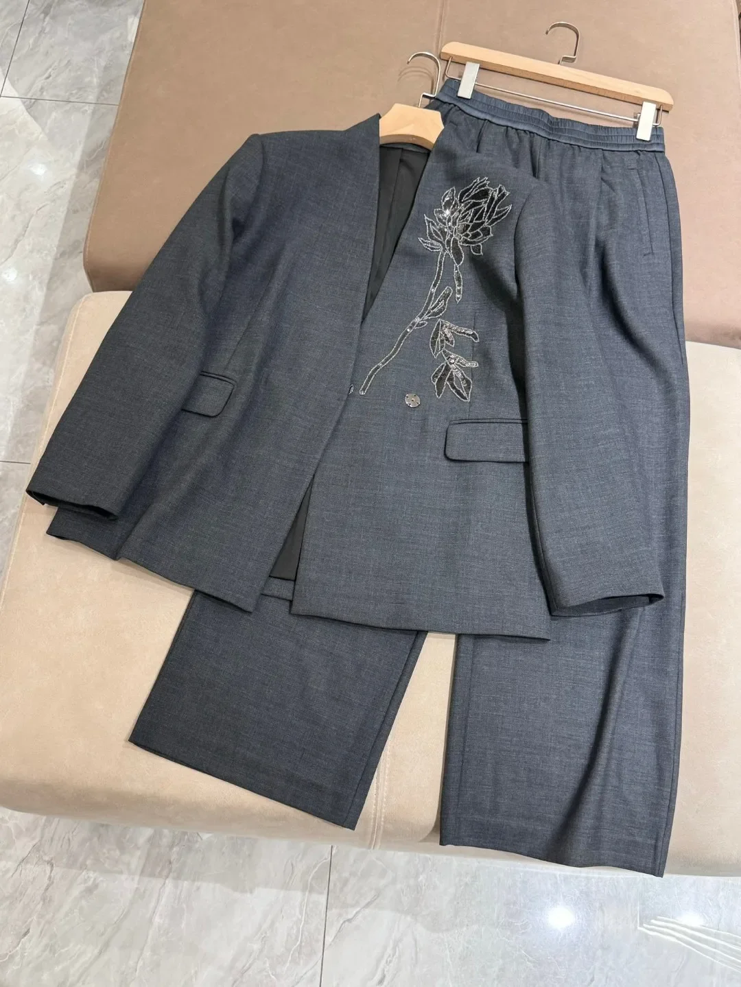 Women's Set 2024 New Autumn Spring Wool Blend Embroidery Commuter Suit Coat or High Waist Long Pants