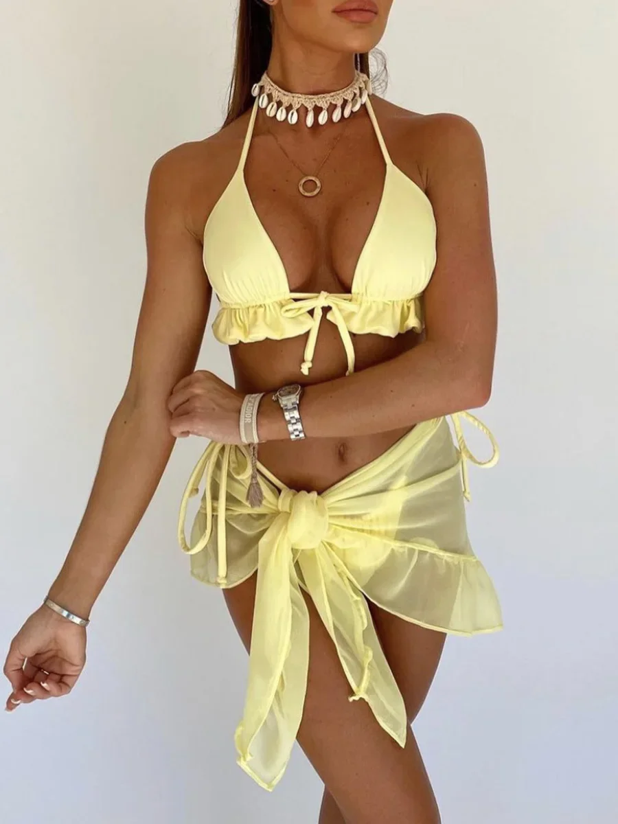 With Mesh Sarong Halter Ruffled Bikini Women Swimwear Female Swimsuit Three-pieces Bikini set Bather Bathing Suit Swim Beachwear