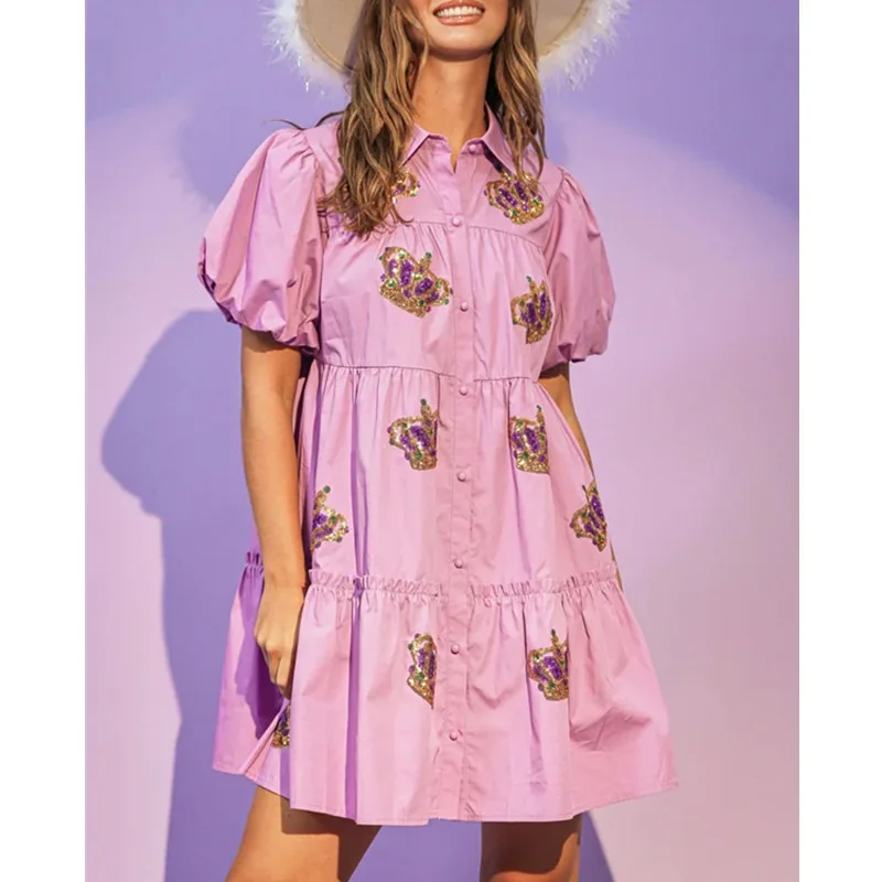 Fashion Lapel Bubble Sleeve Pleated A-Line Dress Summer Lady Sequin Crown Mini Dress Sweet Single-breasted Splicing Shirt Dress