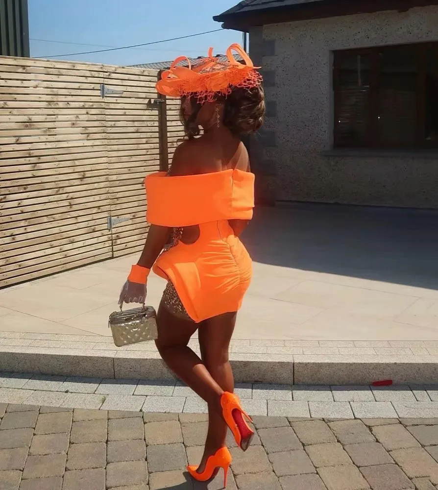 Orange Rhinestone Off Shoulder Mini Dress Matching Long Gloves Luxury Crystal Beaded Wrap Skirt Women Kentucky Derby Race Cockta