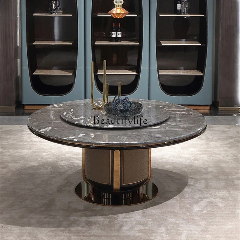 xx59Postmodern high-luxury natural marble round dining table with turntable solid wood furniture Basha dining table
