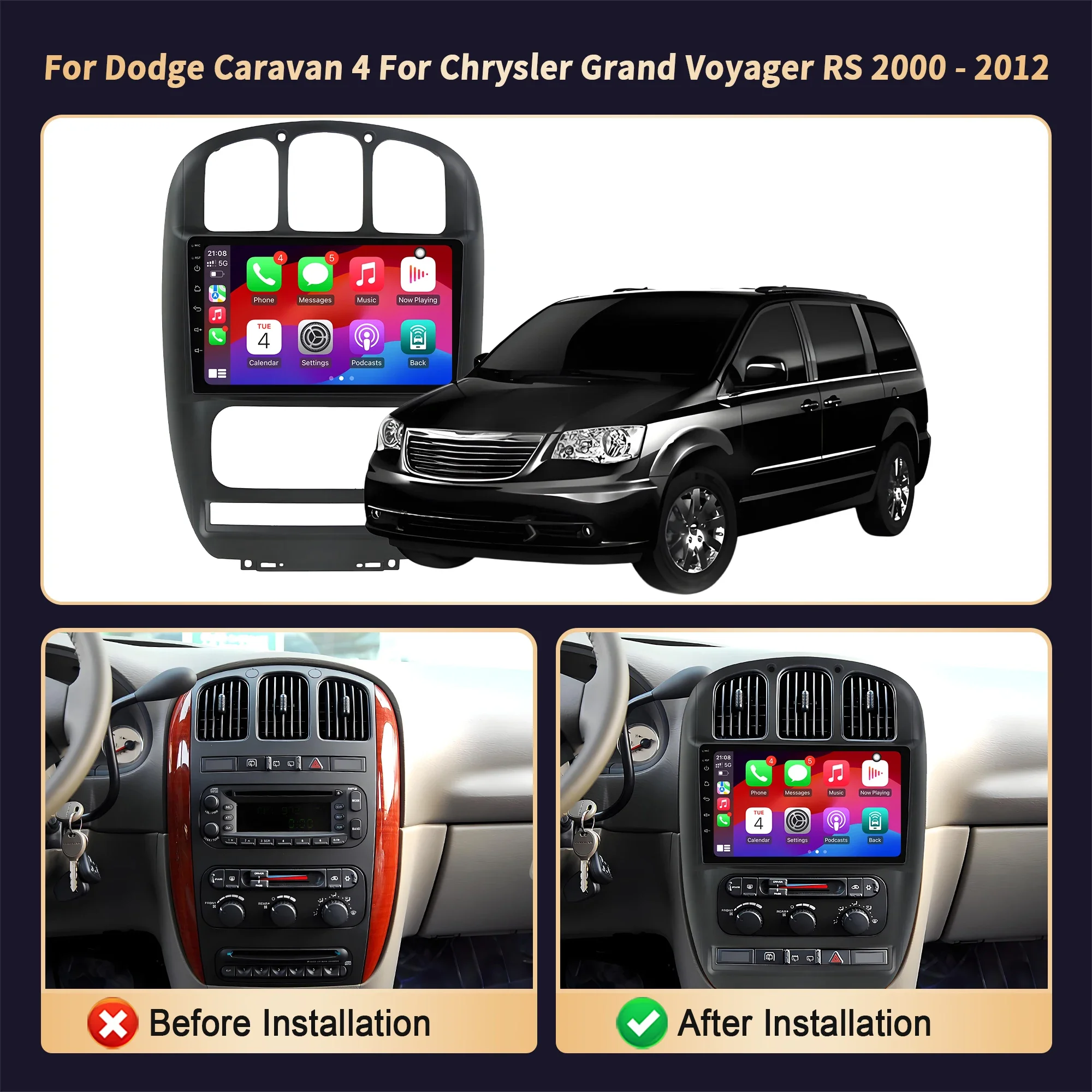 ل دودج كارافان 4 لكرايسلر جراند فوياجر RS 2000-2012 نظام تحديد المواقع راديو السيارة الوسائط المتعددة اللاسلكية أندرويد 14 CarPlay 2K شاشة QLED
