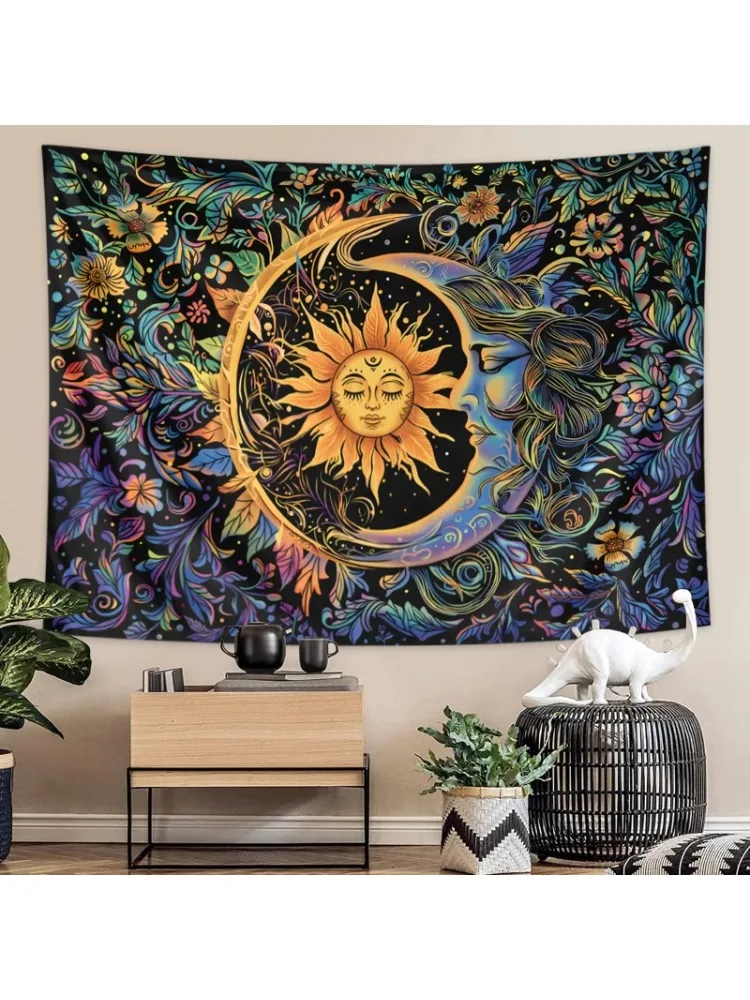 Sonne- und Mond-Wandteppich, Mystischer Blumen-Wandbehang, Hippie-Stil Botanischer Retro-Ästhetik-Wandteppich