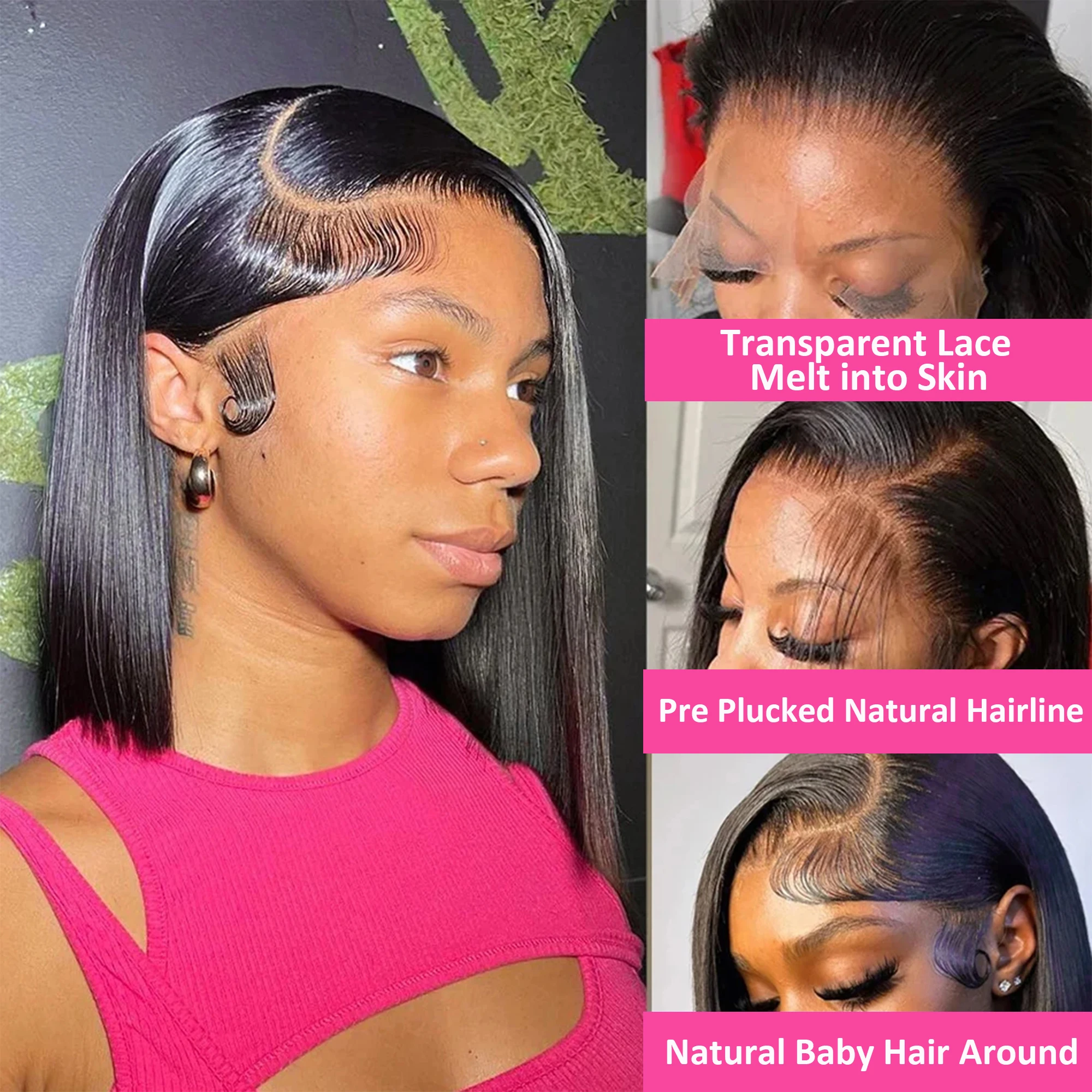 مستقيم بوب شعر مستعار شعر الإنسان 200 الكثافة شفافة 13x4 الدانتيل أمامي خصلات الشعر المستعار الإنسان للنساء اللون الطبيعي 100% شعر بيرو