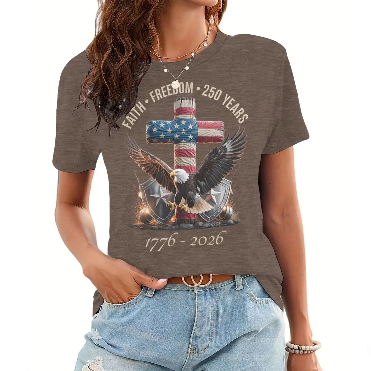 Faith Freedom 250 Years T-Shirt 1776-2026 USA Eagle Cross Flag Graphic Tee Vintage Patriotic 4th of July Casual Shirt for Women