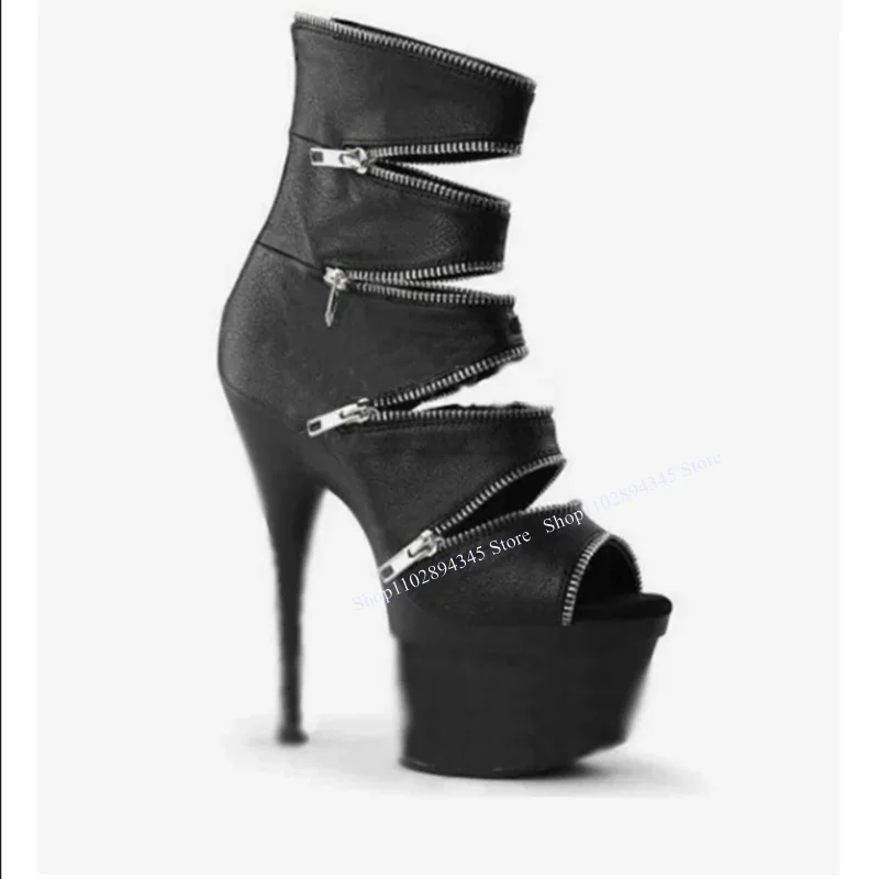 Black Platform Zipper Mid Calf Sandals Thin High Heel Peep Toe Fashion Sexy Summer Big Size Woman Shoes Zapatillas Mujer