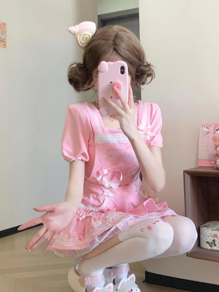 الصيف اليابانية الحلو Kawaii شيك المرأة الدعاوى لطيف الأميرة لوليتا نمط تصميم الكرتون المطبوعة تنورة صغيرة مجموعة الملابس النسائية