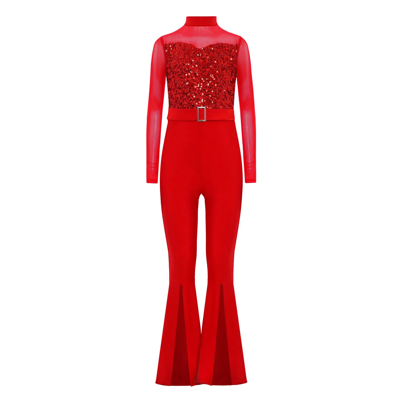 

Girls Elegant Jazz Dance Outfit Mock Neck Long Sleeve Cutout Back Sheer Mesh Patchwork Sequins Bell-Bottom Pants Jazz Jumpsuit