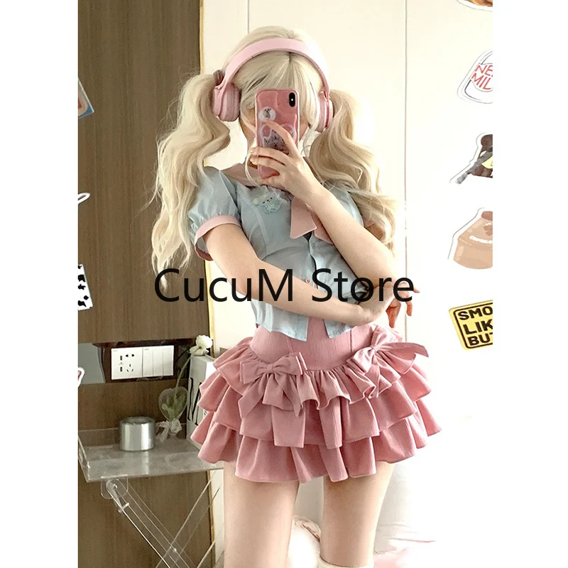 Kawaii Y2K Women 2 Pieces Sets Sweet Sexy Slim Sailor Collar Shirts Pink Mini Skirts Elegant Lolita Outfits 2023 Summer New