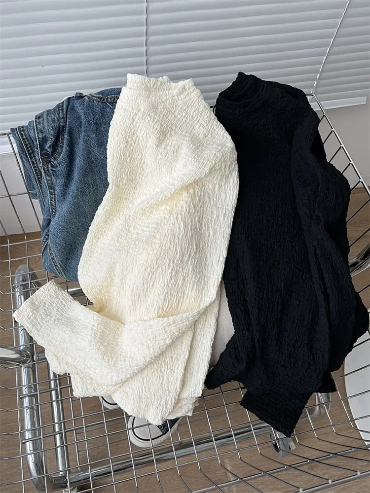 Camiseta Plissada Y2K para Mulheres, Manga Longa, Cor Sólida, Ajuste Slim, Versátil e Emagrecida para Primavera e Outono