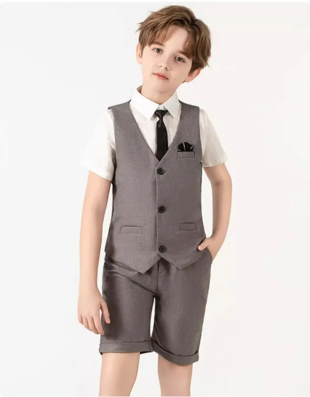 Back To School Kids Vest Shirt Shorts Tie Wedding Suit Teenager Boys WaistCoat Tuxedo Dress Children Photograph Party Costume