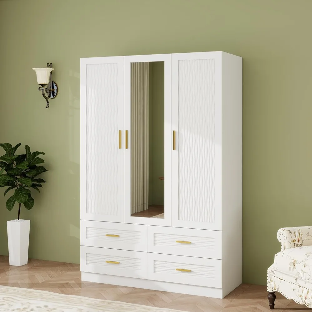 Schrank-Kleiderschrank mit Spiegel und 3-türig, Schrank mit Aufhängeschiene, Holzschrank für große Aufbewahrung, Schränke und Schränke