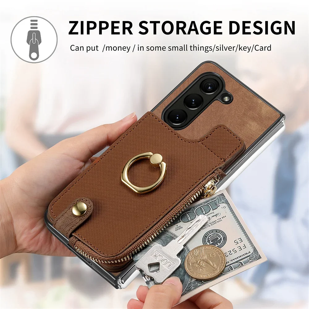 Zipper Wallet Phone Case with Card Slot Holder For Samsung Galaxy Z Fold 6 5 Fold6 Fold5 5G Ring Kickstand PU Leather Back Cover