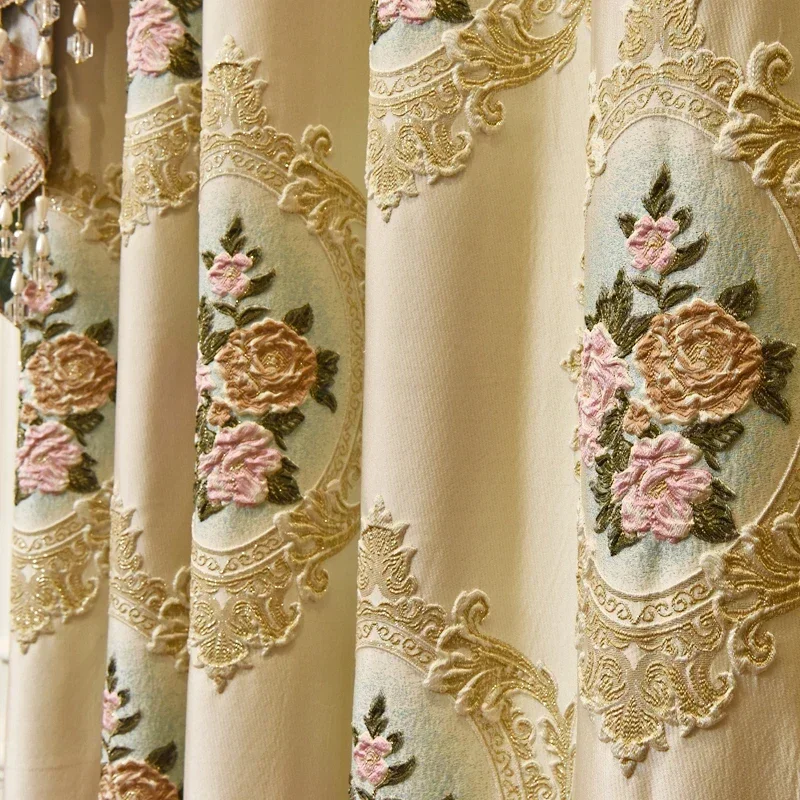 European And American High-end Luxury Embossed Embroidered Blackout Window Curtains For Living Dining Room Bedroom Villa Hotel