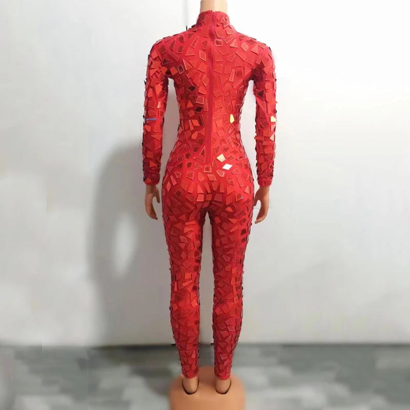 Red Mirrors sparkly Skinny Sequins Bodysuit Jumpsuit Nightclub Female Singer Pole Dance Clothing Stage Show Rave Outfit