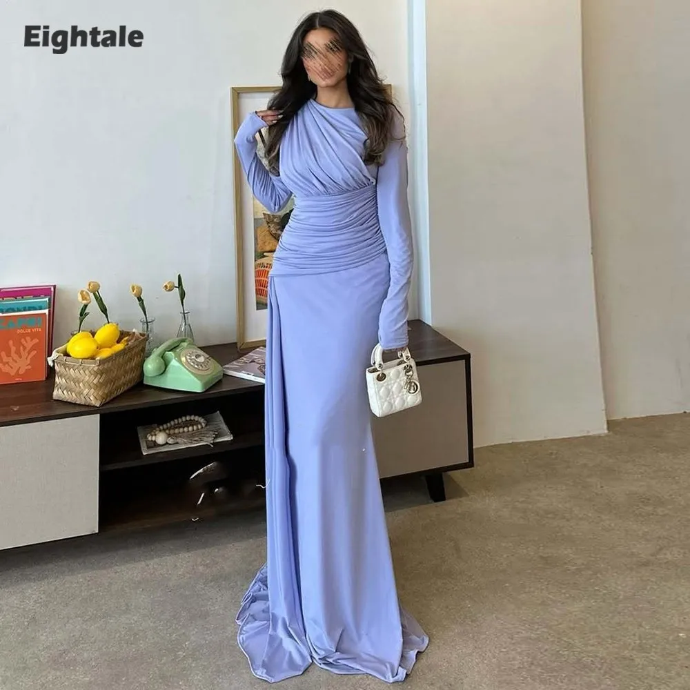 

Eightale Arabic Evening Dress Stretchy Satin O-Neck Pleats Long Sleeves Customized Prom Gown Muslim Party Dress robe de soiree