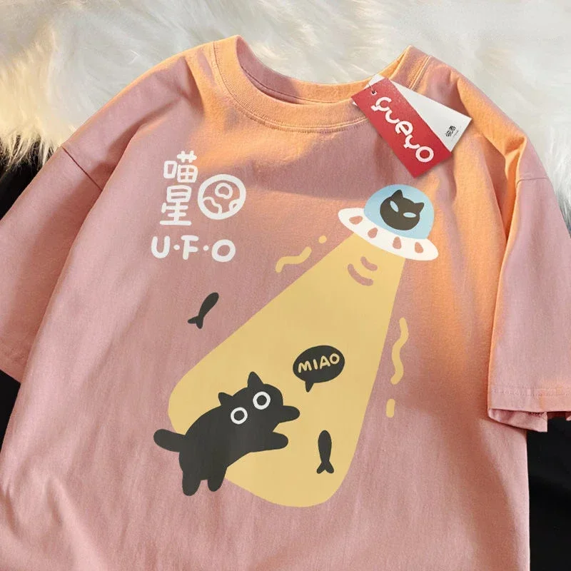 

Summer Loose Short Sleeved Men and Women T-shirts with UFO Black Cat Print Fun American Cotton Couple Half Sleeved Top Clothes