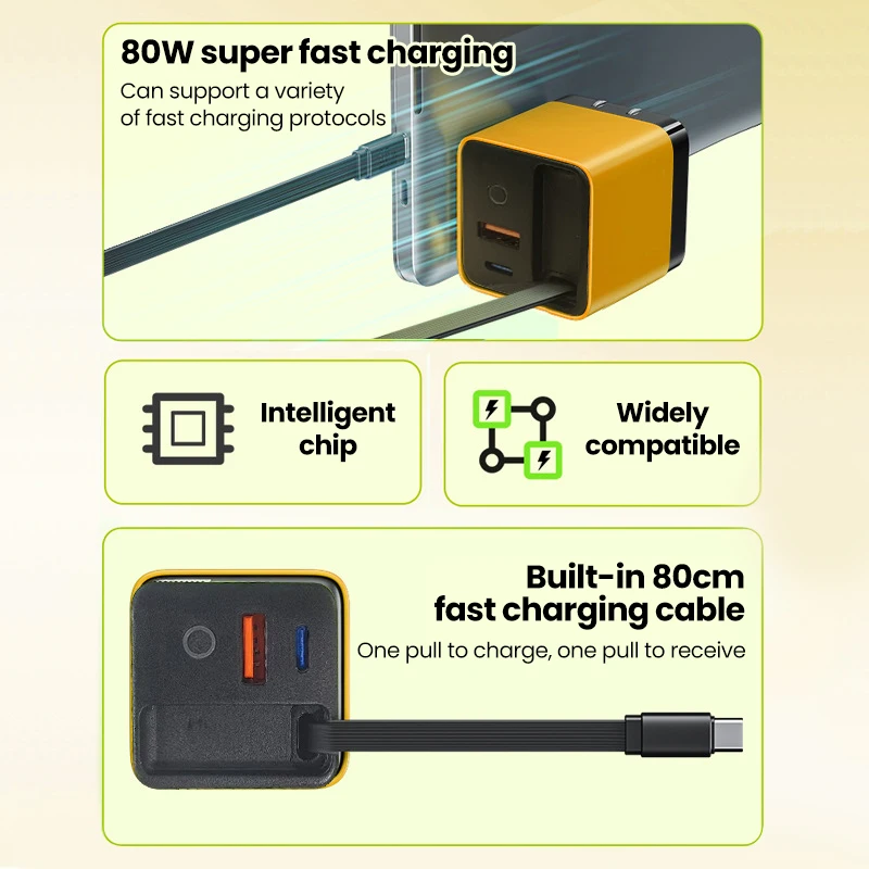 Ładowarka USB typu C o mocy 80 W z wysuwanym kablem Szybka ładowarka USB typu C Adapter do telefonu iPhone 16 Xiaomi Samsung Ładowarka ścienna typu C — zdjęcie produktu 6