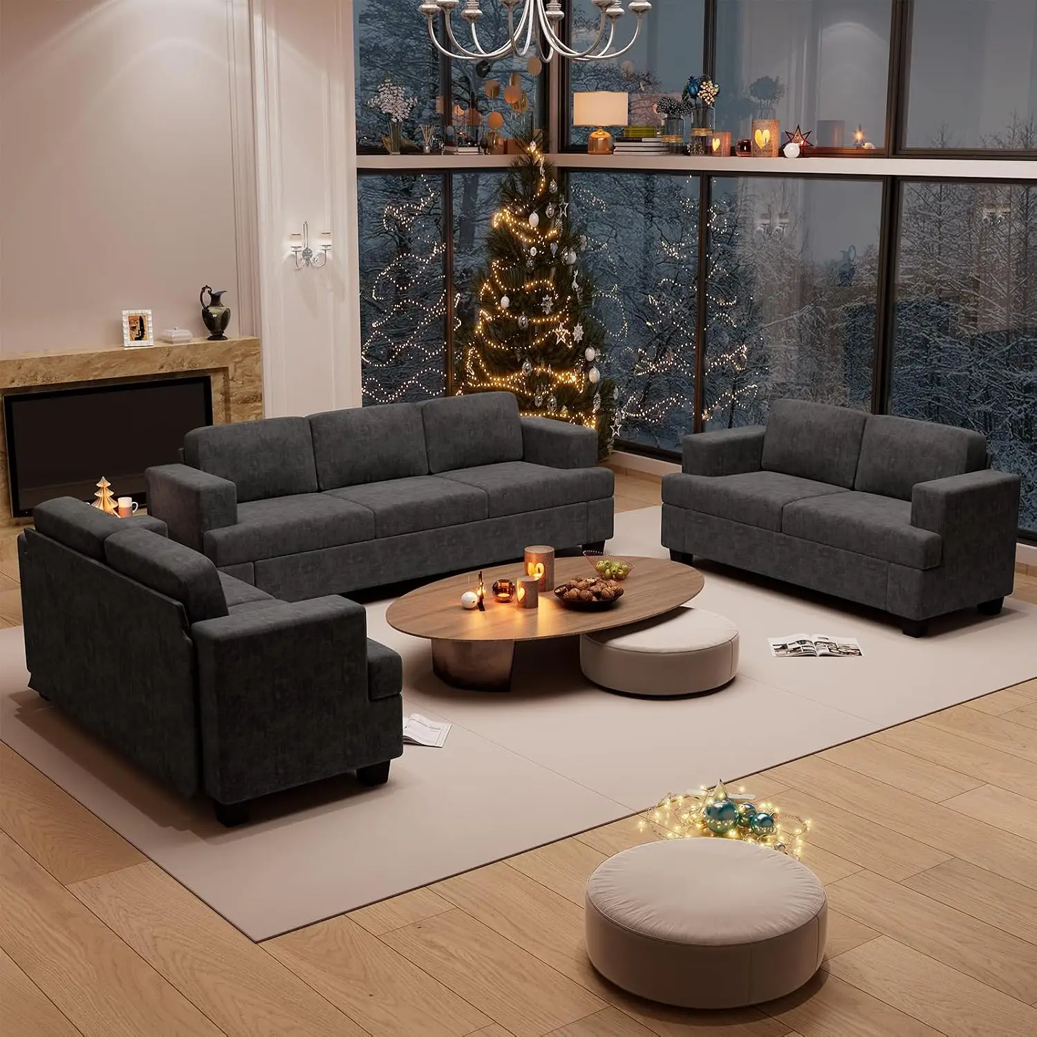 3 Piece Comfy Sofa Set with 2 Loveseat & 3 Seater Deep Seat Modern Sleeper for Living Room, Dark Grey Chenille, Customized