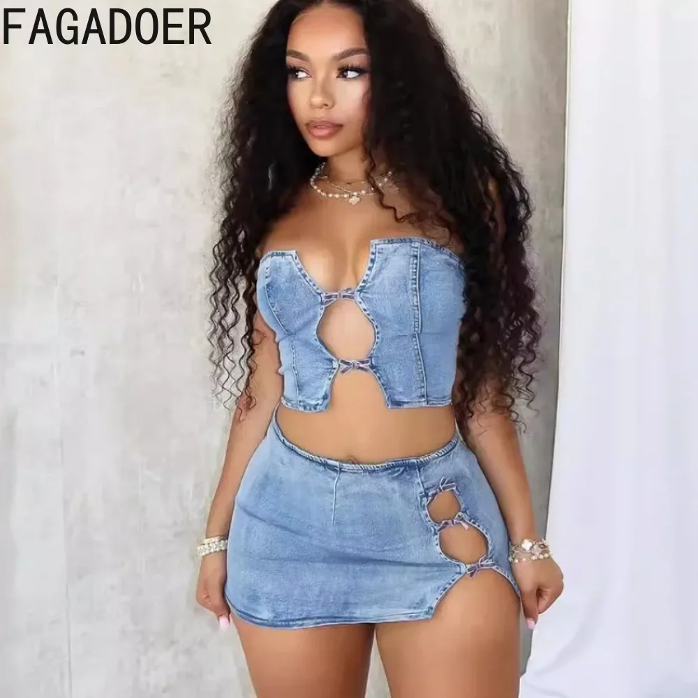 FAGADOER Sexy Hollow Out Denim Mini Spódniczki Dwuczęściowe Zestawy Dla Kobiet Off Shoulder Sleeveless Backless Slim Tube And Skirt Outfits